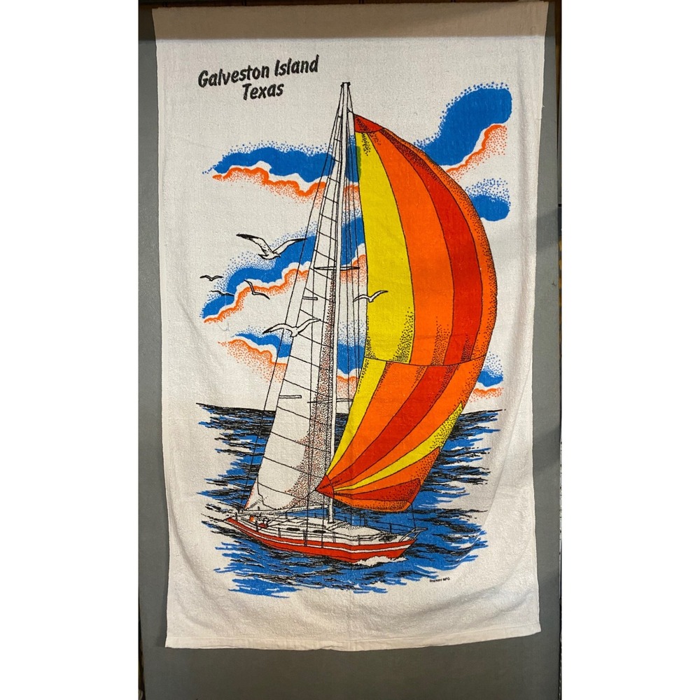 2 QTY Vintage Sherry Galveston Island Land Shark Sailboat Beach‎ Towels Cotton